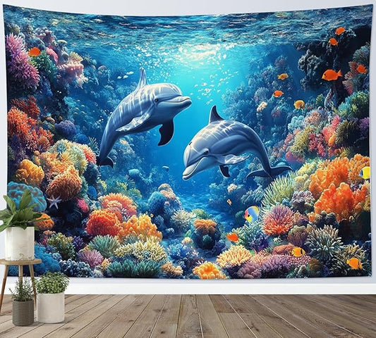 HVEST Blue Ocean Dolphin Tapestry Wall Hanging Tropical Fish Coral in Underwater World Wall Art Summer Sea Nature Landscape Tapestry for Bedroom Living Room Dorm Wall Decor, 40L X 60W inches