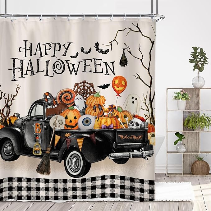 Halloween Truck Shower Curtain 60Wx72L Inch Pumpkin Horror Spooky Scary Skull Ghost Farmhouse Buffalo Bathroom Set Accessories Decor Polyester Waterproof with 12 Pack Hooks