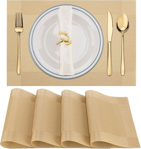 Winknowl Placemats, Set of 4 Heat Resistant Stain Resistant Woven Vinyl Insulation Place mats, Durable Washable Elegant Table Mats for Dining (Golden)