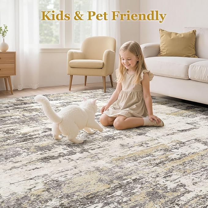 Area Rugs for Living Room: 10x12 Abstract Washable Rug Modern Neutral Large Soft Stain Resistant Non-Slip Backing Machine Table for Bedroom Dining Room Indoor Home Office Carpet - Gold Brown
