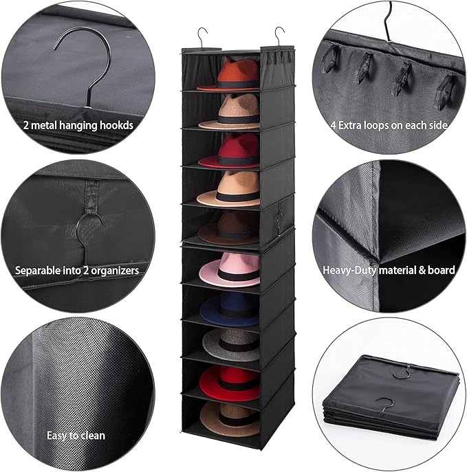 Hat Rack for Closet Hanging Organizer Fedora, 2 Pack 10 Shelves Organization, Cap Storage Cowboy Wide Brim Sunhat XL Holder Easy to Install (Black)