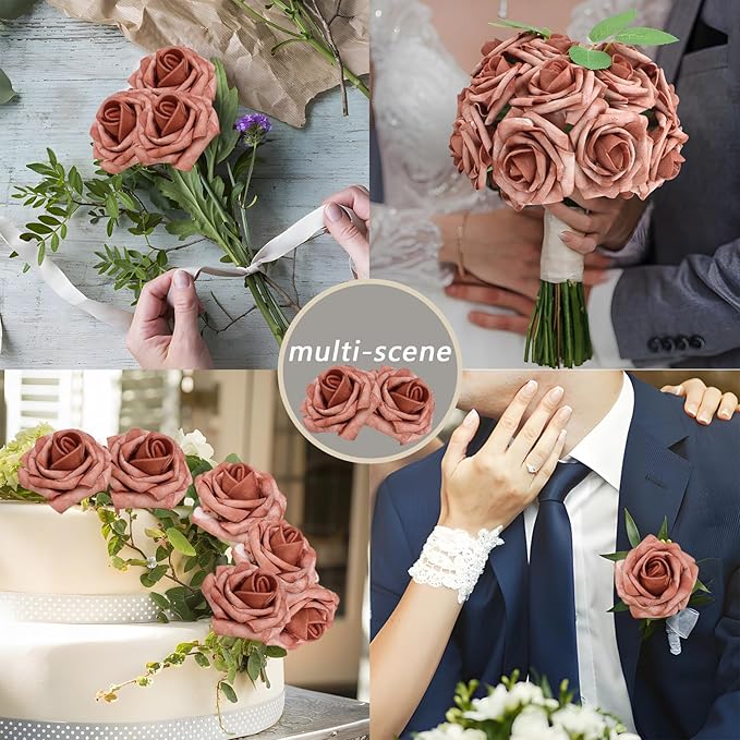200PCS Warm Taupe Artificial Flowers Roses Real Looking Foam Fake Roses with Leaves for DIY Wedding Bouquets Bridal Shower Arty Decorations (Warm Taupe, 200)