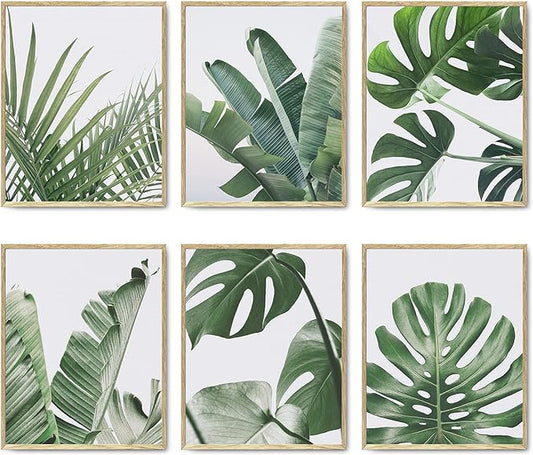 HoozGee Botanical Wall Art Prints Set of 6 Tropical Leaves Decor Plant Leaf Wall Art Canvas Prints for Wall Decor Green Wall Art Posters Set for Living Room Decor (8"x10" UNFRAMED)