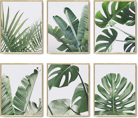HoozGee Botanical Plant Wall Art Prints Set of 6 Green Plant Wall Decor Prints Canvas Leaves Kitchen Wall Art Boho Leaf Boho Bathroom Decor (11"x14" UNFRAMED)