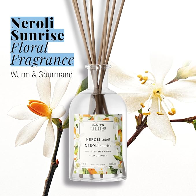Panier des Sens - Neroli Reed Diffuser – Long Lasting Fragrance 5+ Months - Elegant Home Decor - 8.1 fl.oz Oil-Based Scent Diffuser - Made in France Home Fragrance - 90% Natural Ingredients