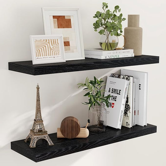Floating Shelves Black 36 Inch Long, 9.3" Deep Floating Shelf Wall Mounted, Rustic Deep Bookshelf, Large Display Storage Shelves for Bathroom, Bedroom, Kitchen, 36"W x 9.3"D x 1.5"H, Set of 2
