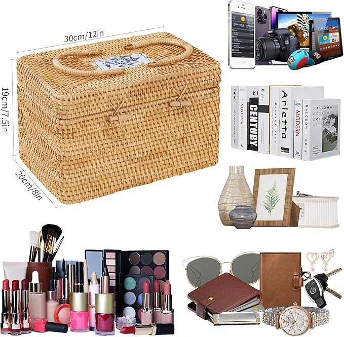 Rattan Basket With Lid,Blue-and-white Porcelain Decoration Design,Large Storage Basket Lidded,Rattan Box For Shelf (12" L×8"W×7.5"H)