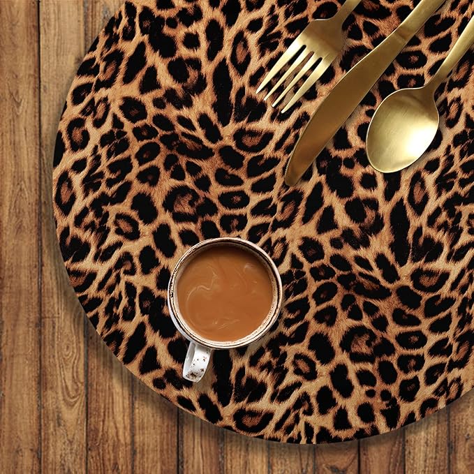 Round Leather Placemats Set of 4 PU Waterproof Non-Slip Washable Heat Resistant Place Mat for Kitchen Dining Table - Leopard