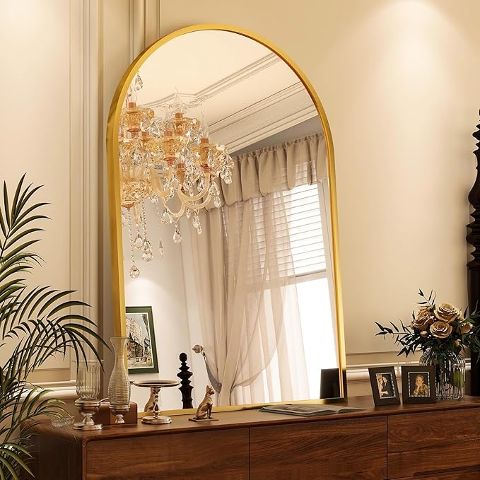 Arched Wall Mirror, 32 x 48 inch Arch Bathroom Mirror, Wall Mounted Vanity Mirror with Arch Metal Frame, Modern Bathroom Vanity Mirror for Bedroom, Living Room, Hanging or Leaning, Gold