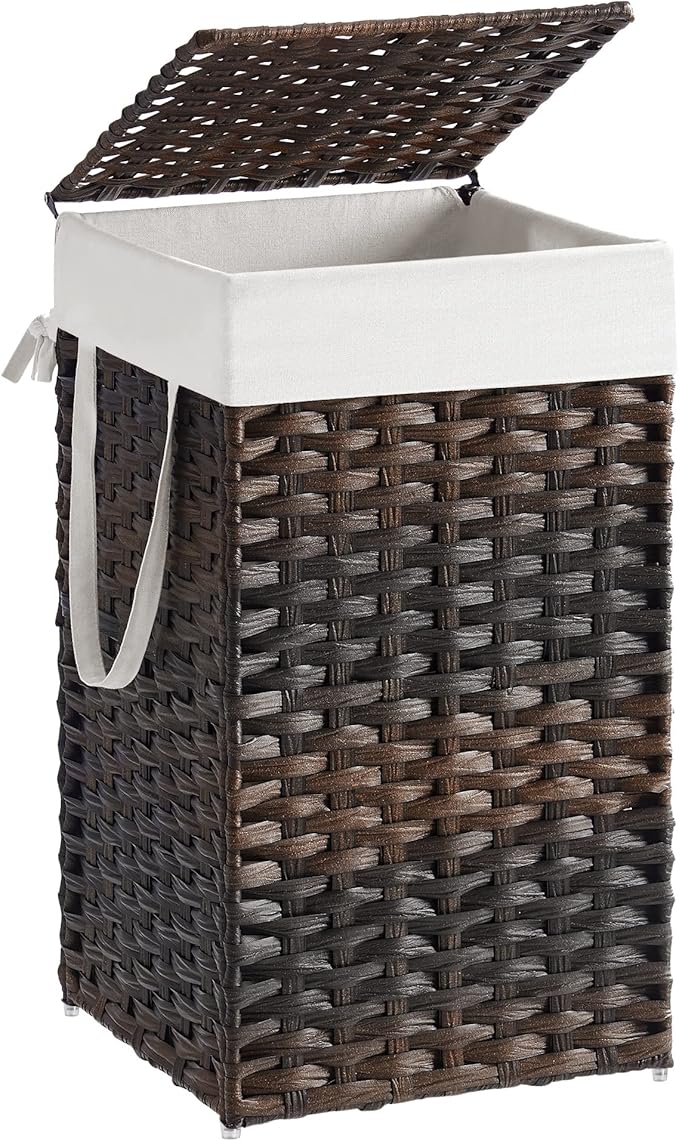 SONGMICS Laundry Hamper with Lid, 17.2 Gallon (65 L) Synthetic Rattan Clothes Laundry Basket with Lid and Handles, Foldable, Removable Liner, Chestnut Brown ULCB165K01