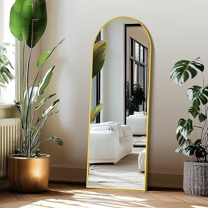 Delma Wall Mirror Full Length Mirror,Standing Mirror Full Body,Large Floor Mirror for Wall Door Bedroom Bathroom Living Room with Aluminium Frame(with Stand,Arch 56x20-Gold)
