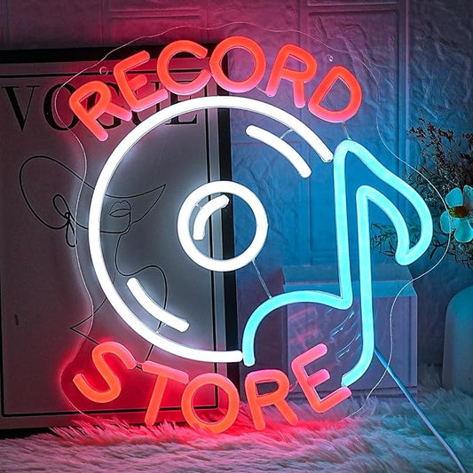 Record Store Neon Sign Music Neon Signs for Wall Decor Letter Neon Light Record Player Sign for Music Studio Decor Live Music Neon Light Sign for Bar Music Decor(Red white)