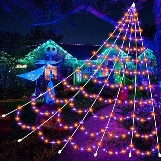 Halloween Decoration Spider Web with 350 LEDs, Adjust Brightness, 8 Light Modes, Giant Light Up Spiderweb 22.96FT(Orange+Purple), Halloween Outdoor Yard Lawn Scary Decor