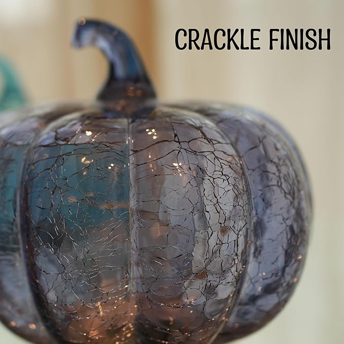 Indigo Blue Crackle Glass Pumpkin Twinkling Light with Timer- Fall Decoration for Home-Lamps for Festive Decoration-Halloween Decorations