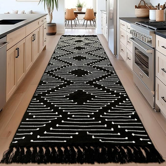 Tritard Boho Runner Rug 2x10 - Washable Long Hallway Rug with Tassels, Thin Woven Farmhouse Kitchen Runner Rugs Cotton Aztec Lightweight Carpet for Entryway, Laundry, Bathroom, Black and White