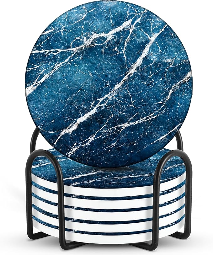 Emerson Coasters for Drinks Absorbent – Dining Table Set of 6 with Holder, 100% Ceramic Wooden Tabletop Protection Marble Style - Non-Slip & Cork Bottom - Heavy Duty (Blue Streak)