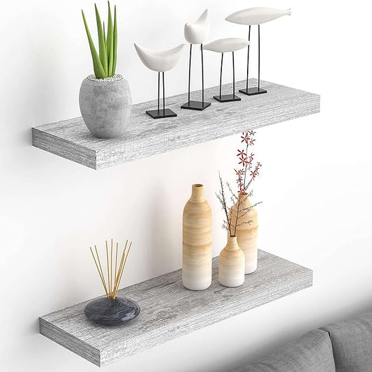Floating Wall Shelves, 24” Hanging Shelf Set for Living Room, Office, Kitchen, Bathroom &, Perfect Home Room Wall Decor, Rustic Pattern Designed – (Rustic Whitewash Grey 24")