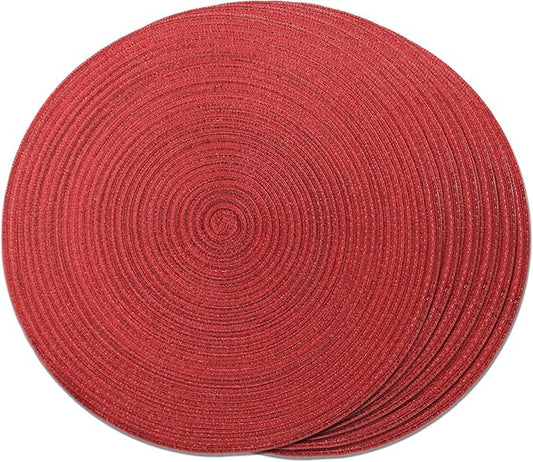FunWheat Round Placemats Set of 6 Table Mats for Dining Tables Washable Non-Slip Place mats 15 Inch for Christmas(Red Shine)