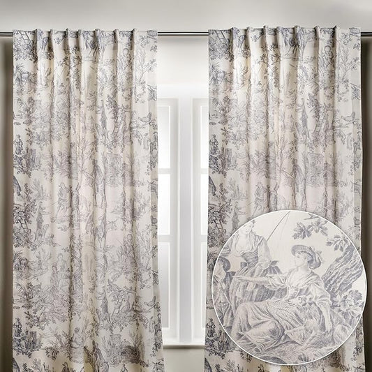 Maison d' Hermine Curtains for Living Room 100% Cotton 124 inch Length Two Panels Light Filtering Toile Curtains for Bedroom Windows with Rod and Loop Pockets (The Miller Paloma Gray, 50" W x 124" L)