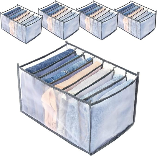 TOOVREN Closet Organizer 5PCS, Clothes & Pants Organizer for Folded Clothes, T-Shirts, Bras, Skirts, Jeans (7 Grids)