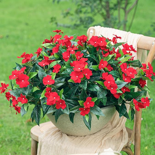 Uqueeten15.7” Spring Decorations for Home Flowers Fake Plants Fake Flowers Artificial Impatiens Bouquet Flowers for Outdoors Silk Faux Flowers Impatiens Plants Decor Indoor Planters 8PCS Red