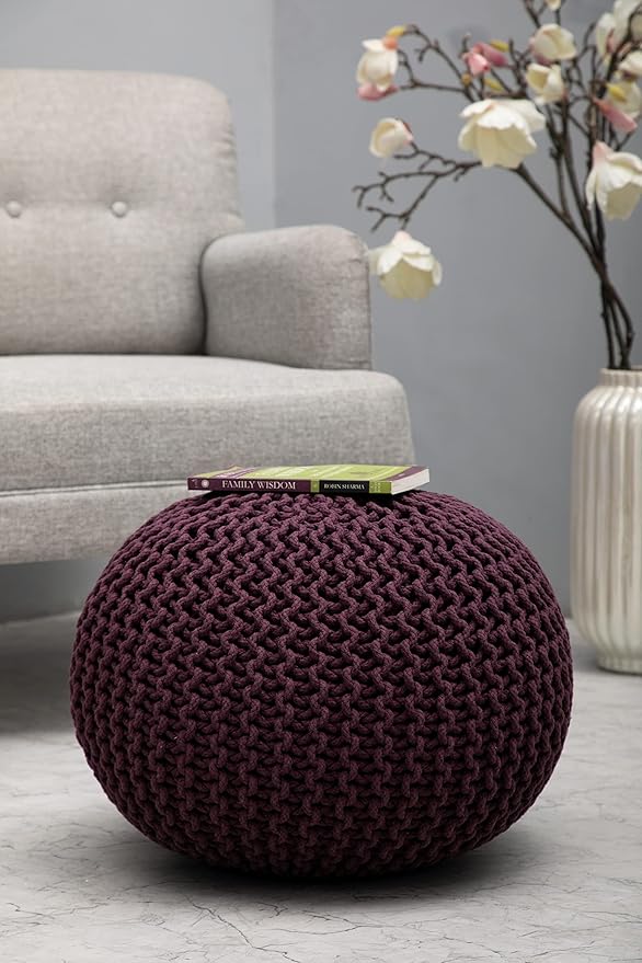 COTTON CRAFT Round Pouf - Hand Knitted Cotton Braid Cord Cable Dori Ottoman - Foot Stool - Floor Pouf Footrest Accent Seat Furniture Bean Bag - Living Room Kids Room Nursery Dorm Décor - 20x14 - Plum
