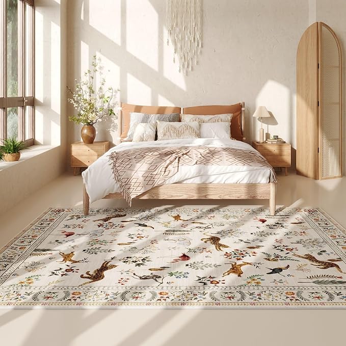 Living Room Rug 6x9 Rug Machine Washable Boho Area Rug Non Slip Floral Animal Vintage Low Pile Large Rug for Living Room, Bedroom, Farmhouse, Dining Room, Kids Playroom (Beige)