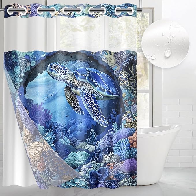 Turtle Navy Blue No Hook Shower Curtain with Snap in Liner, Sea Shells Coral Bath Curtain with Double Layers Waterproof Fabric and Mesh Top Window 71x74 Inch
