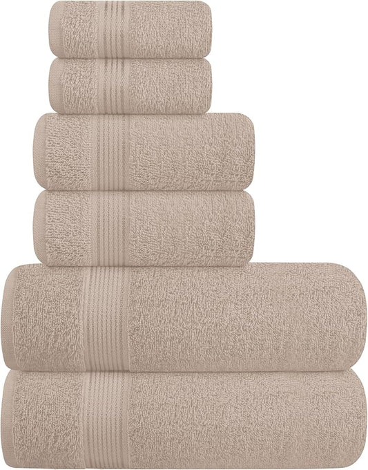 Elvana Home Ultra Soft 6 Pack Cotton Towel Set, Contains 2 Bath Towels 28x55 inch, 2 Hand Towels 16x24 inch & 2 Wash Coths 12x12 inch, Ideal Everyday use, Compact & Lightweight - Tan