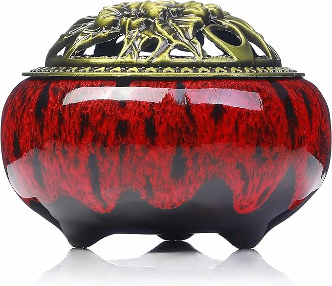 Incense Burner with Calabash Incense Stick Holder - Porcelain Charcoal Censer for Use with Resin Granular Powder Cone or Coil Incense (Kiln-Colored Red)