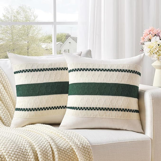 Fancy Homi Set of 2 Dark Green Boho Decorative Throw Pillow Covers 18x18 Inch for Couch Bed Sofa Bedroom Indoors, Modern Farmhouse Vintage Forest Green Living Room Decor