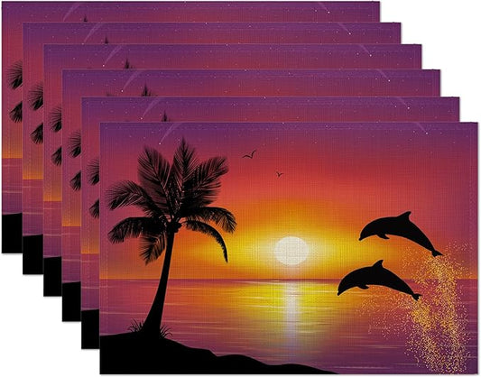 Dolphins Placemats Set of 6,Palm Tree Sunset Place Mats Heat Resistant Washable Non-Slip Table Mats for Party Kitchen Dining Decor 12x18 Inch