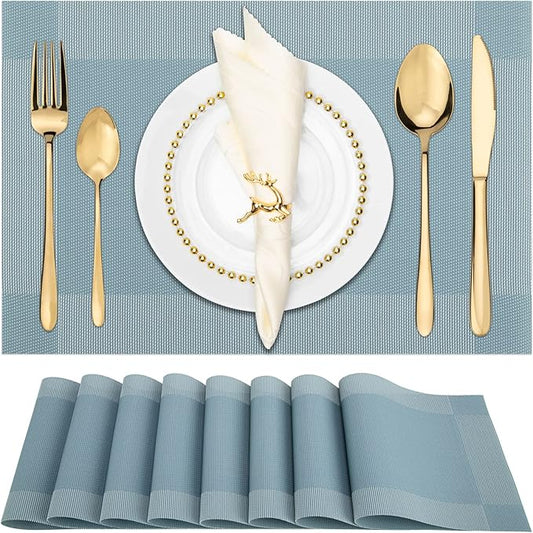 Winknowl Placemats for Dining Table Set of 8 Waterproof, Woven Place Mats for Kitchen Table Vinyl Heat Insulation Stain Resistant Placemats (Sky Blue)