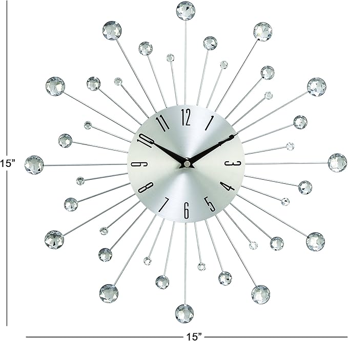 Deco 79 Metal Starburst Decorative Wall Clock With Crystal Accents for Home and Room, 15" x 2" x 15", Silver