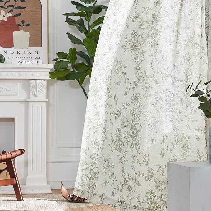 jinchan Linen Floral Curtains Extra Wide for Patio Sliding Glass Door Room Divider Curtain for Living Room 90 Inch Length Farmhouse Peony Green Printed Curtain Set 1 Panel
