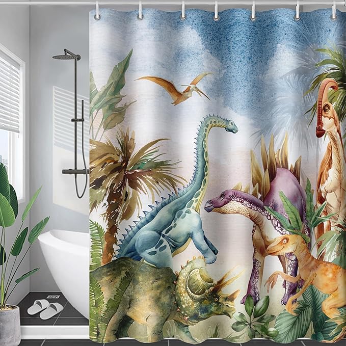 AILONEN Dinosaur Shower Curtain 48" W*72" H for Bathroom,3D Tropical Dinosaur Bathroom Shower,Cartoon Dinosaur Boys Bath Curtain Polyester Waterproof Shower Curtain with 12 Hooks