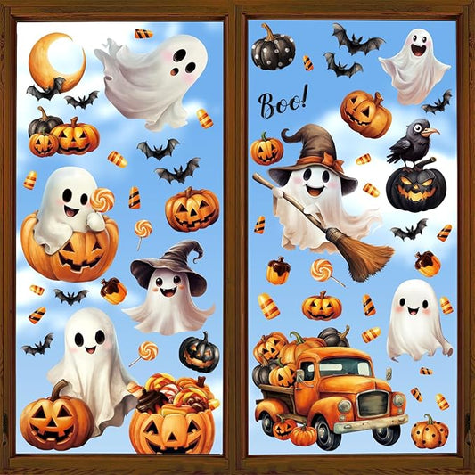 8 Sheet Halloween Window Clings, Ghost Pumpkin Bat Reusable Window Stickers Double Decals for Glass Window Halloween Decoration