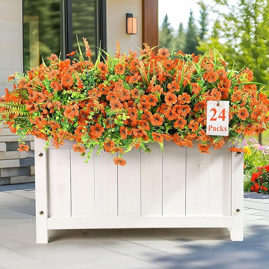 24 Bundles Artificial Flowers for Outdoors Spring Summer Decoration, UV Resistant Eucalyptus Violet and Lavender Silk Fake Plants for Outside Indoor Yard Home Patio Porch Decor, Orange