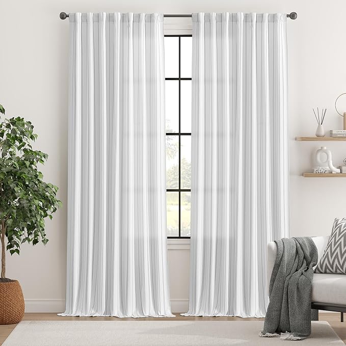 jinchan Black and White Striped Curtains, 96 Inch Length for Living Room and Bedroom - Black on White Pinstripe, Privacy Light Filtering Modern Window Curtains Set of 2 Panels