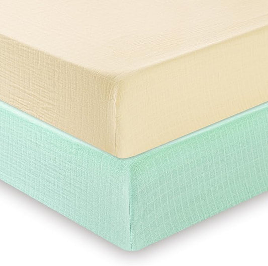 Muslin Crib Sheets for Boys Girls, 2 Pack 100% Cotton Soft Breathable Fitted Baby Sheet Set, 28x52 Inch Fits Standard Crib and Toddler Mattresses, Beige & Green