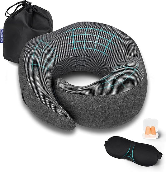 MULIHOMI™ Travel Pillow for Airplane with 100% Memory Foam, 360° Adjustable Full Surrounding Flying Neck Pillows, Travel Pillow Set with 3D Eye Masks, Earplugs (Black)