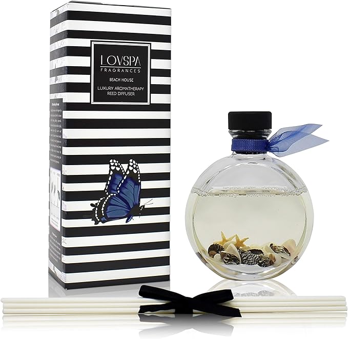 LOVSPA Beach House Reed Diffuser Set with Sticks - Real Seashells in The Bottle! - Ocean Beach Themed Home Fragrance Reed Diffuser for Bathroom Shelf Décor