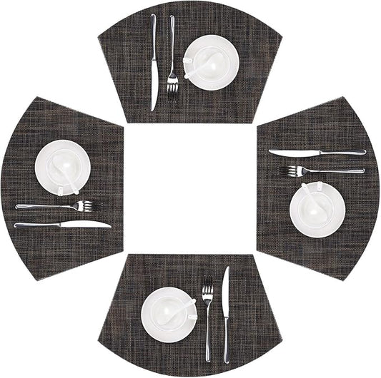 SHACOS Small Wedge Placemats Set of 4 Woven Vinyl Round Table Placemats Wipe Clean Round Table Mats Indoor Outdoor, Black Brown