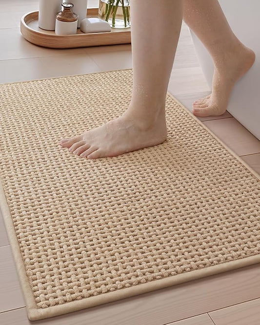 Color&Geometry Chenille Pile Small Bathroom Rugs Upgraded Denser, 16"x24" Non Slip Absorbent Beige Bath Mats for Bathroom Thin Fit Under Door, Washable Quick Dry
