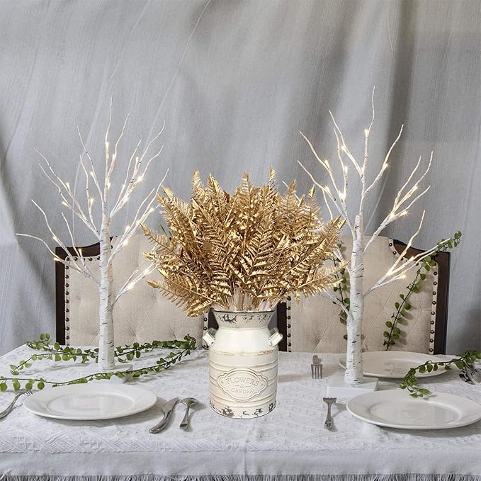 CATTREE Christmas Artificial Plants Decoration, Plastic Golden Boston Shrubs Plant Simulation Fern Leaves Fake Grass for Wedding Party Indoor DIY Home Office Table Centerpieces Decor - Gold 3 Pack