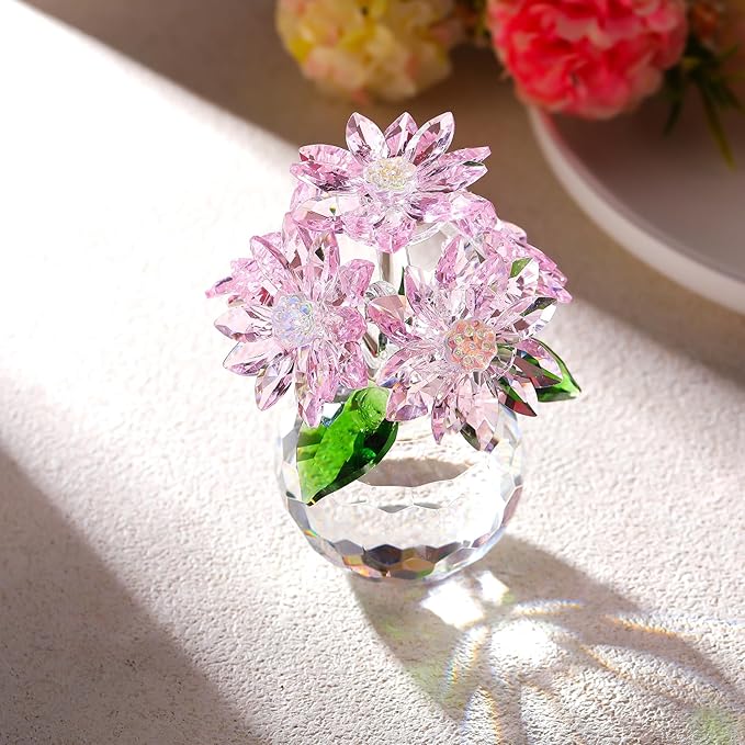 Crystal Pink Daisy Flower Figurine Statue Paperweight Glass Pink Daisy Bouquet Floral Collectible Decor Gifts for Friends Women (with 5 Flowers)