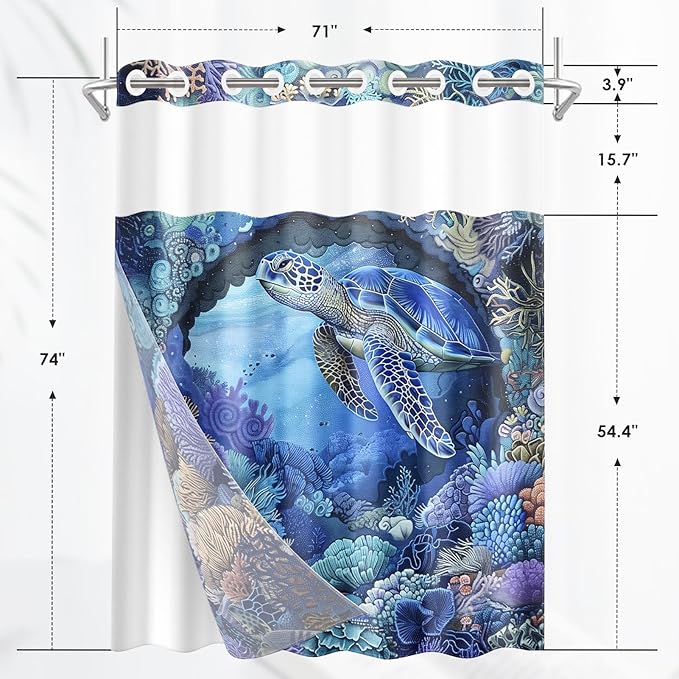 Turtle Navy Blue No Hook Shower Curtain with Snap in Liner, Sea Shells Coral Bath Curtain with Double Layers Waterproof Fabric and Mesh Top Window 71x74 Inch