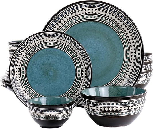 Elama Blue Sage 16 Piece Double Bowl Stoneware Dinnerware Set in Blue