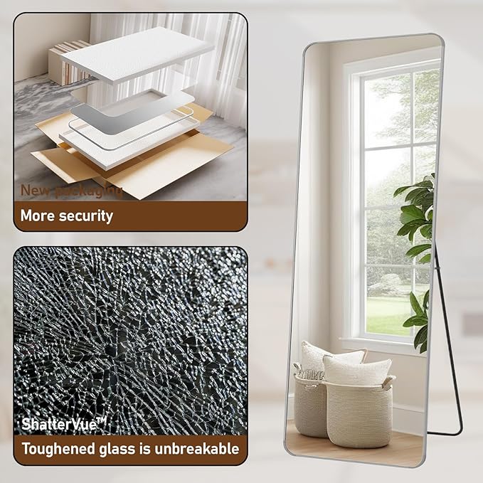 BEAUTYPEAK Silver Full Length Mirror, 65"x24" Rounded Corner Floor Mirror Standing Hanging or Leaning Against Wall, Suitable for Bedroom or Dressing Room