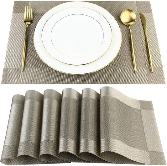 DACHUI Placemats, Heat-Resistant Placemats Stain Resistant Anti-Skid Washable PVC Table Mats Woven Vinyl (8pcs, Coffee-Cross)